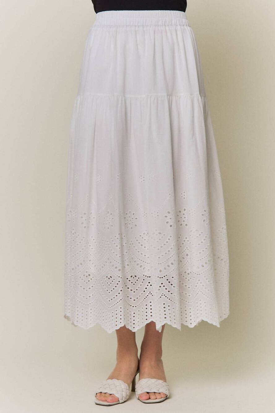 NEW ADORA tiered eyelet scalloped midi skirt in white